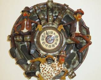 Heavy Art Studio Pottery Figural Wall Clock, Artist Signed