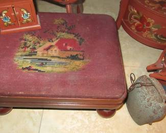 MARK needlepint stool,, bell decorated boxes