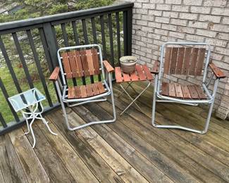 Vintage Wood and Chrome Beach Folding Chairs, Outdoor Metal and Glass Table
