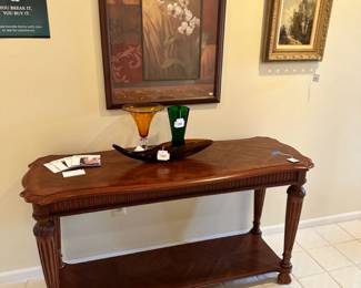 Neoclassical Console Table, Anderson Blenko Glass Cornucopia, Amber Glass Footed Vase, Anchor Hocking Atomic Rocket Vase, Framed Artwork