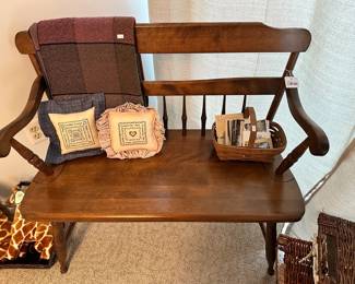 S. Bent & Bros Bench, Wicker Baskets, Embroidered Pillows