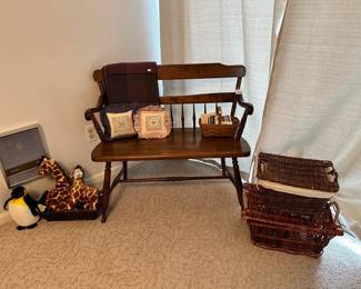 S. Bent & Bros Bench, Wicker Baskets, Embroidered Pillows
