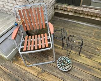 Vintage Wood and Chrome Beach Folding Chairs, Metal Plant Stands