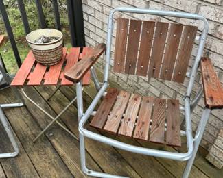 Vintage Wood and Chrome Beach Folding Chairs, MCM Outdoor Side Table