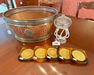 Hammered Copper Bucket with Wheat Design, Lucite 1960's Tortoise Shell Drink Coaster w/ Rattan Spiral Center, Jozefina Krosno Style Oil Lamp