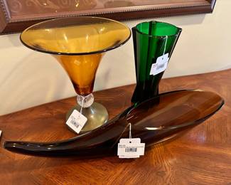 Anderson Blenko Glass Cornucopia, Amber Glass Footed Vase, Anchor Hocking Atomic Rocket Vase
