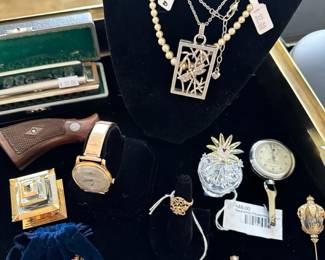 Danbury Mint Gold Clad Rose Bracelet, 14K Cluster Ring (BL), Swarovski Flowering Cactus, Gold Hat Pin, New Haven Pedometer