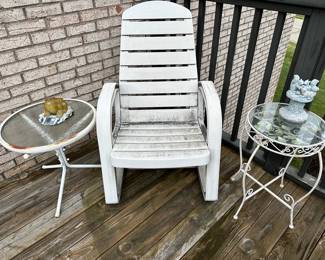 Outdoor Metal and Glass Table, Plastic Rocking Chair