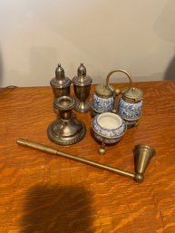 Weighted sterling salt & pepper and candlestick, brass candle sniffer, brass & ceramic set 