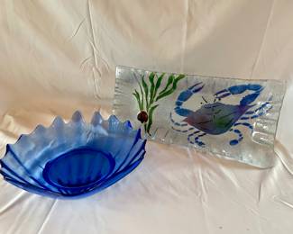 Infused glass rectangular plate, blue scallop shape glass bowl 
