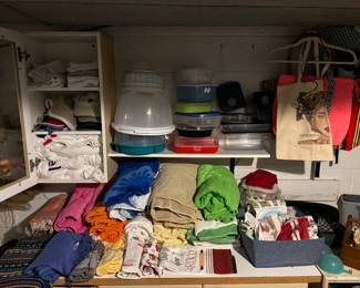 Towels, linens, tupperware