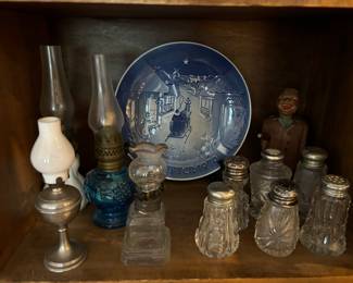 Antique oil lamps, salt / pepper shakers 