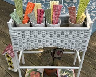 Wicker planter, ceramic garden markers 