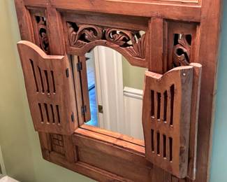 Hand carved teak wooden shuttered wall mirror