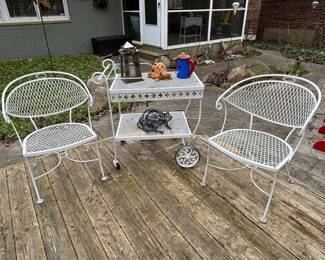 Vintage Hollywood Regency Scrolling Wrought Iron Barrel Back Chairs, bar cart can be sold together or separately 