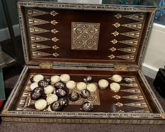 Antique Turkish inlaid mother of pearl backgammon set 