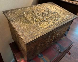 Antique brass kindling box 