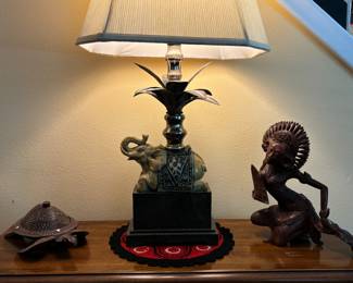 Ceramic elephant lamp, hand carved figures 