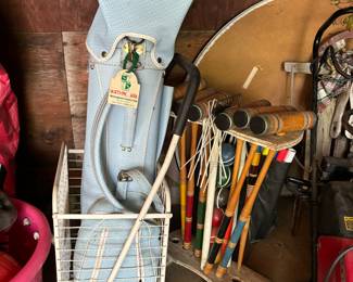 Croquet set, golf clubs