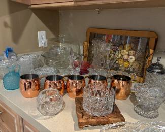 Copper cups, crystal, cake plate 