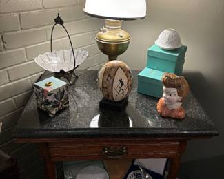 Antique marble top table, beautiful electrified oil lamp