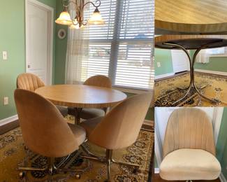Mid-Century Chrome Round Butcher Block Formica Table with 4 Matching Velvet Bucket Chairs on Casters