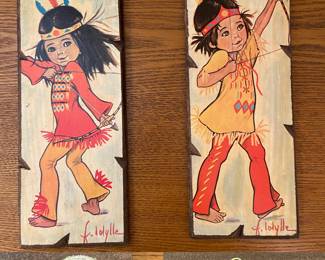 Pair Vintage American Indian Children small Art Plaques by Action with labels
