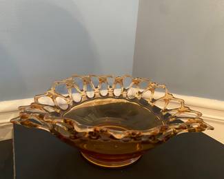Vintage Westmoreland Amber Apricot Doric Lace Edge Glass  Bowl Center piece
