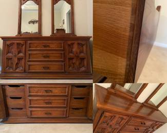 Vintage solid wood Triple Dresser with Double Mirrors 