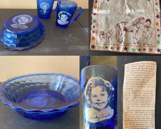 1930’s-40’s Shirley Temple Cobalt Blue Hazel Atlas 3 pc Pitcher Bowl set 
Vintage Hankie from 1935 Little Colonel Movie