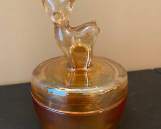 Vintage Marigold Carnival Glass Deer Powder Compote