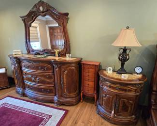 Michael Amini bedroom furniture set: dresser with mirror,  2 nightstands, king-size bed, armoire, tall chest of drawers, and chest.