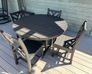 Polywood black round patio table with four chairs: $750
