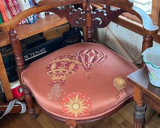 Carved Corner Chair on Casters - Hot Air Balloon Upholstery