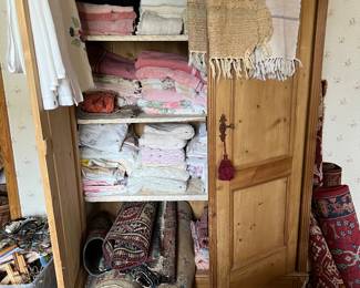 Antique Pine Armoire & Towels and Bed Linens