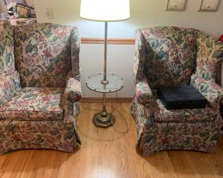 Matching armchairs and glass top table lamp 