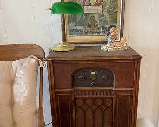 Antique Upright Radio,  part of a vintage Radio Collection, Hummel Lullaby Candleholder, 1921 Army War Service Military Document