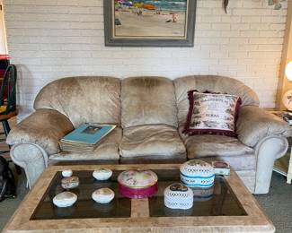 Rustic Leather Sofa, Contemporary Marble and Glass Coffee Table, Collection of heart boxes 