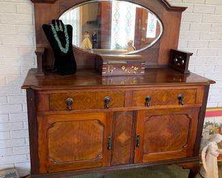 Beautiful Sideboard with beveled oval Mirror , brass inlaid Box 