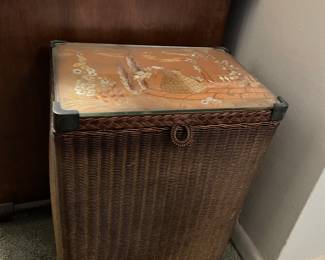 Antique Wicker and Silk Hamper with Glass top