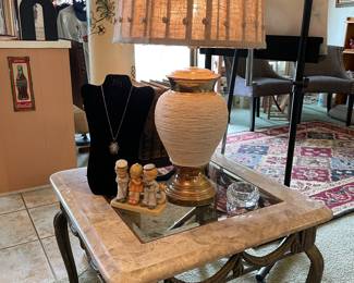 Contemporary Marble and Glass End Table. Rope covered Lamp