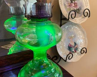 Vaseline Glass Kerosene Lamp, Uranium Glass 