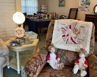 Gone with the Wind Lamp,  Antique Hanky, upholstered chair 