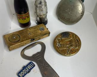 Miniature Soda Bottles, Decoder, Beer Opener, Roosevelt Political Pin, US Compass 