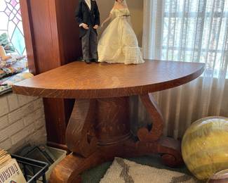 Unusual Corner Tiger Oak Table, Jackie and John Kennedy Doll
