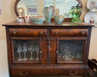 Stunning Antique Tiger Oak Sideboard with Mirror and Display Cabinet Doors 