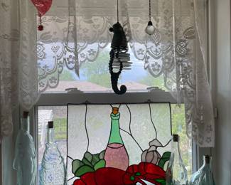 Lobster Stained Glass, Nautical Bottles , brass Seahorse Bell