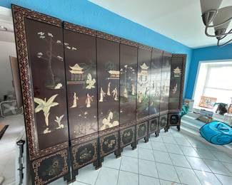 Large six-panelled Chinese hardstone and lacquered folding screen, incredible piece
