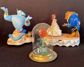 Two Disney Music Boxes Figurines and a Beauty and the Beast Rose Figurine