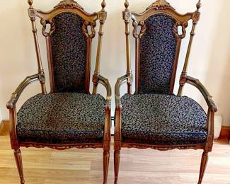 Two Black And Gold Highback Chairs in French Provincial style